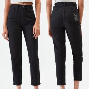 Playboy by PacSun High Waisted Slim Fit Black Jeans Rhinestone Bunny Logo Sz 28